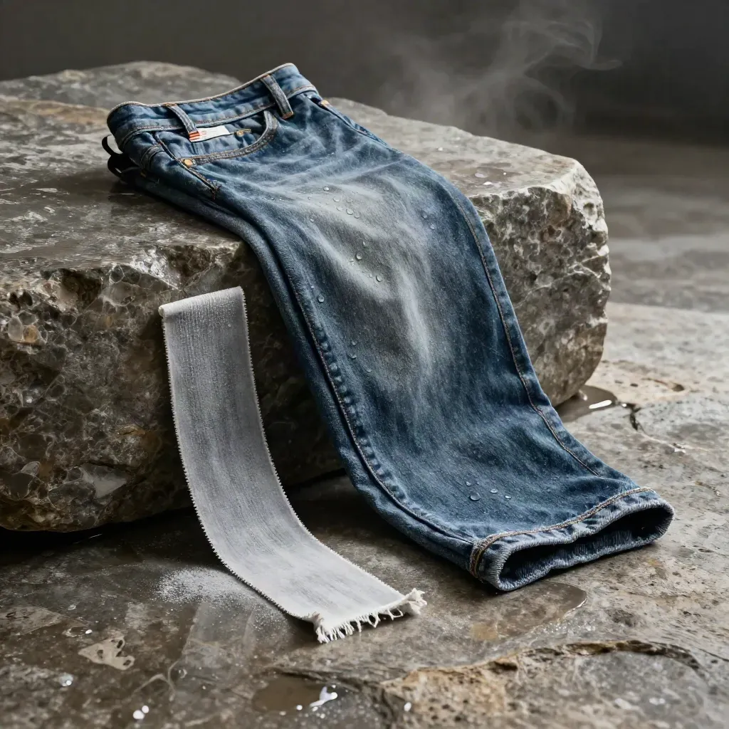 Jeans guide sleeve with hem sample on wet stone, lit by cool rim light.