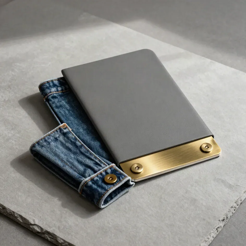 Tall Jeans Guide Pack in a matte sleeve beside raw denim and brass on ash-grey plaster