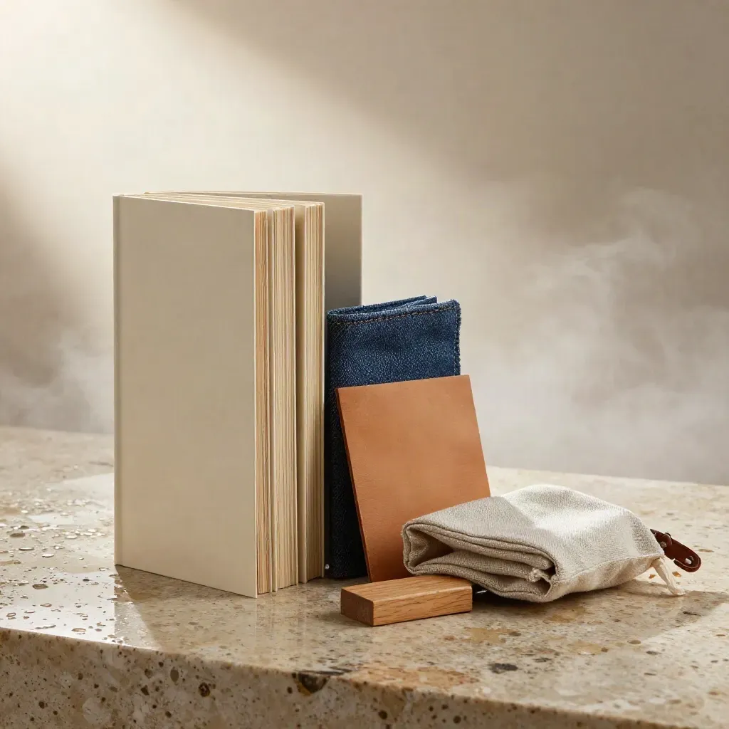Tall-living starter kit slipcase with guide booklets and travel accessories on wet travertine.