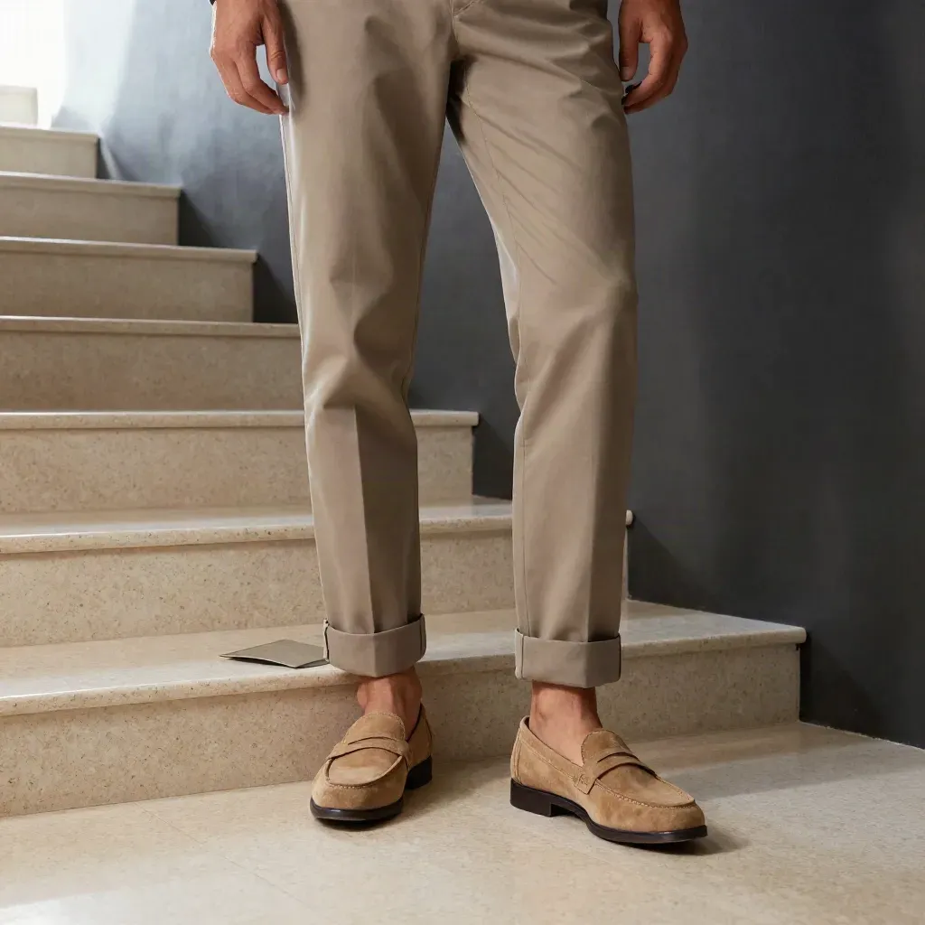 Bundle of tall-fit guides with chinos, loafer and packing cube on a pale stair landing.