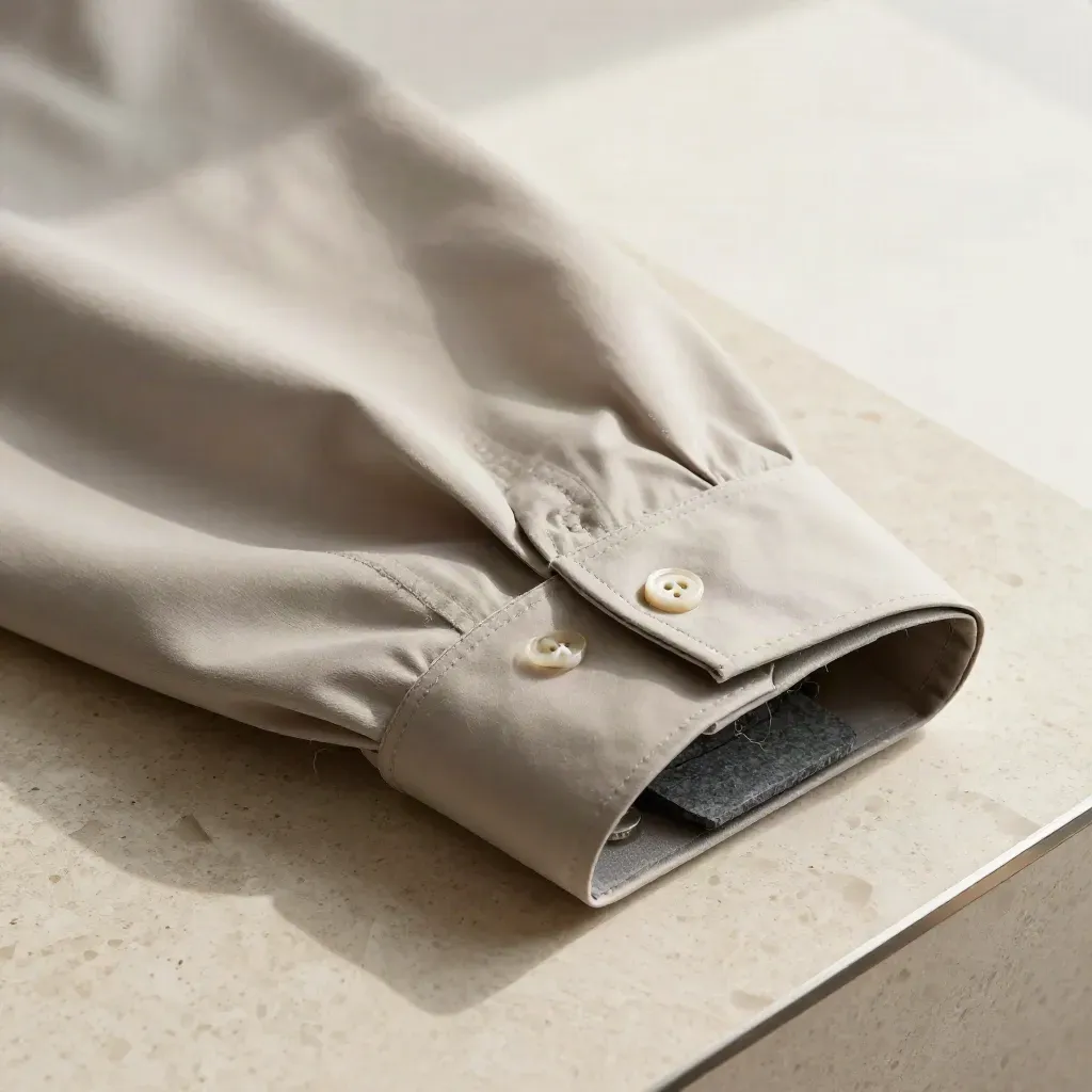 Long sleeve shirt guide pack with cuff, buttons and folded sleeve on travertine.
