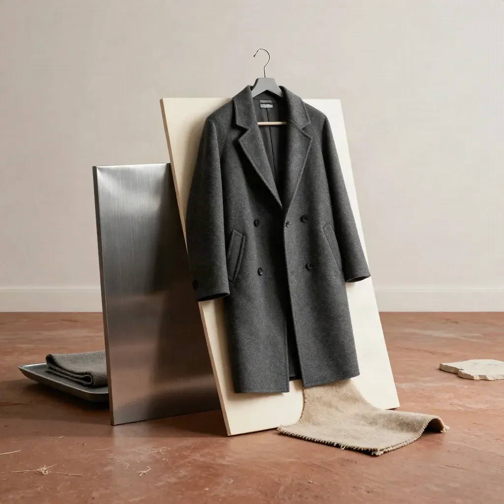 Tall coat fit guide card by a wool overcoat, steel hanger and felt tray on terracotta stone.