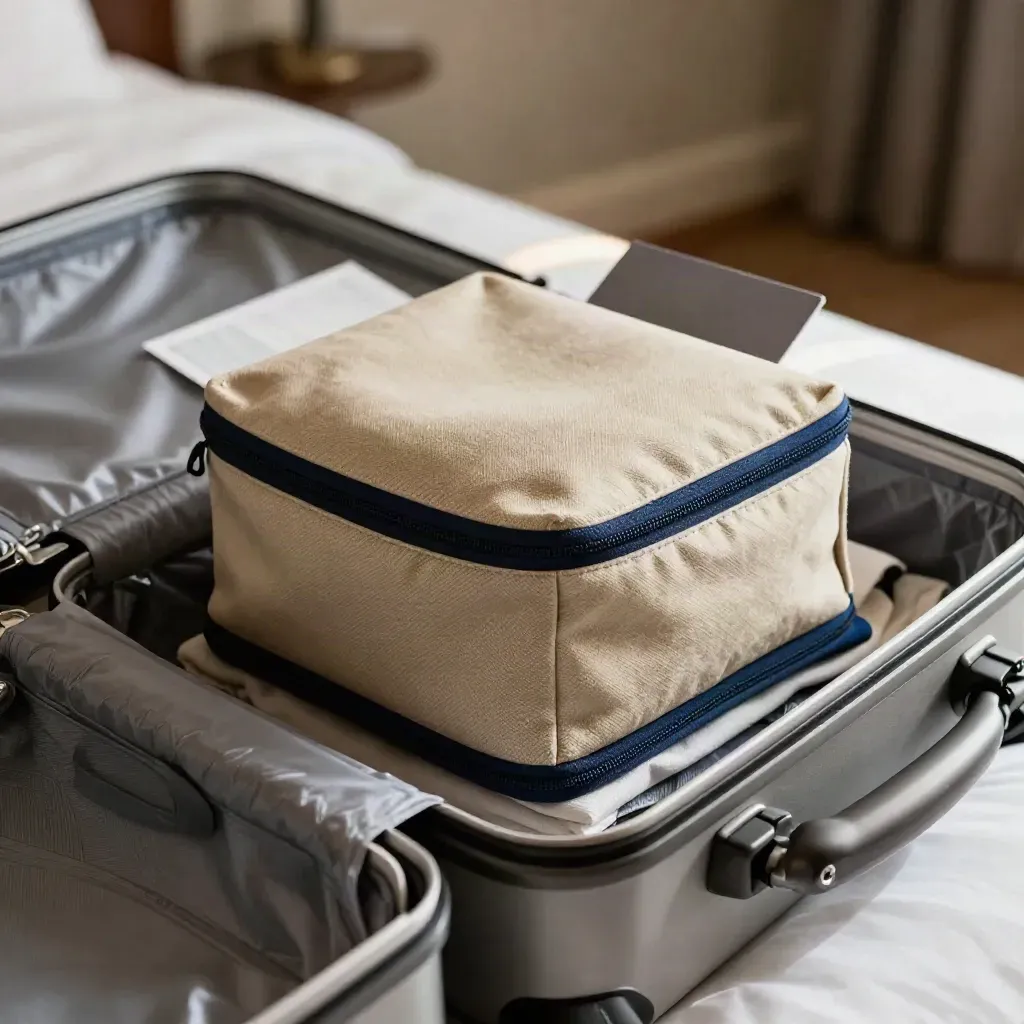 Open suitcase with packing cube, folded tees, and toiletry pouch in hotel morning light.