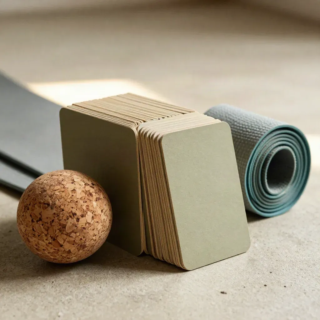Macro of posture reset cards, cork massage ball and rolled yoga strap on a warm concrete floor.