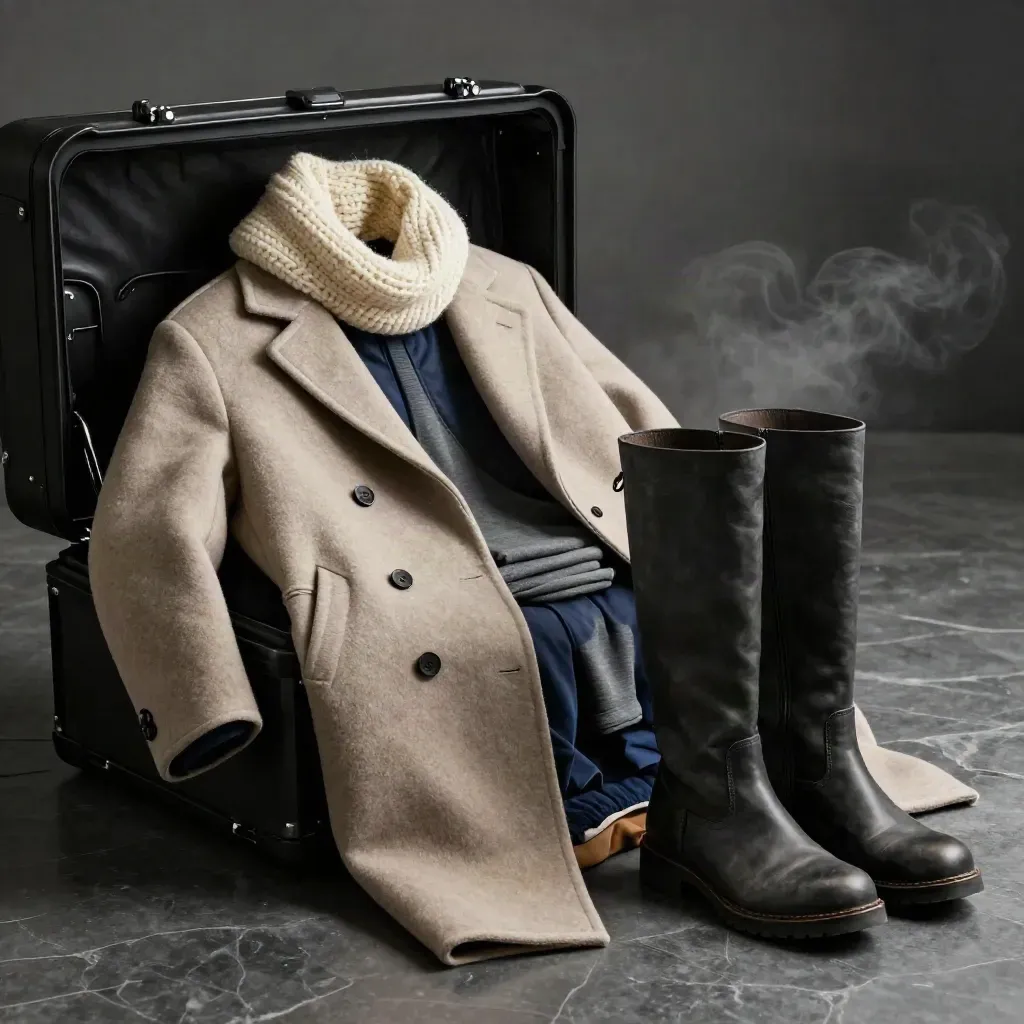 Winter coat, scarf, thermal layer and tall boots spilling from an open trunk.