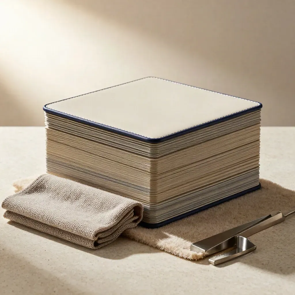 Matte slipcase wardrobe kit with stacked cards and knit swatch on travertine