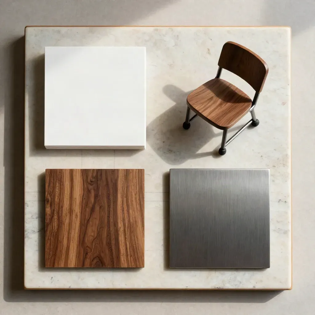 Overhead flatlay of a desk height guide card with walnut block, chair glider, and metal seat pad sample.