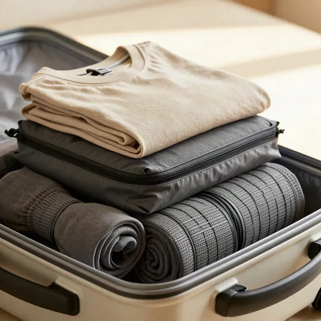 Macro of a travel packing kit stacked inside an open suitcase with tee, pouch, socks, and cube.