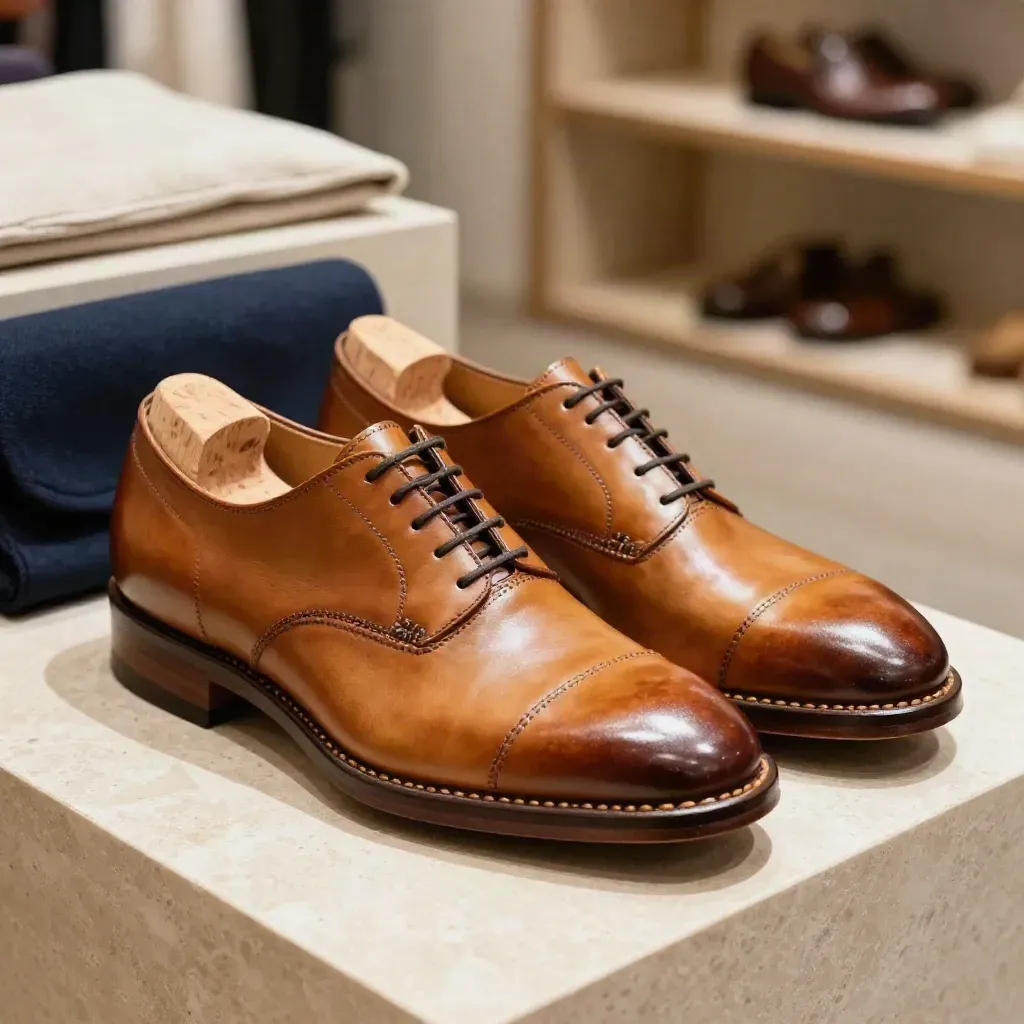Wide-fit leather shoes with cedar trees and a navy guide pack on a limestone plinth.