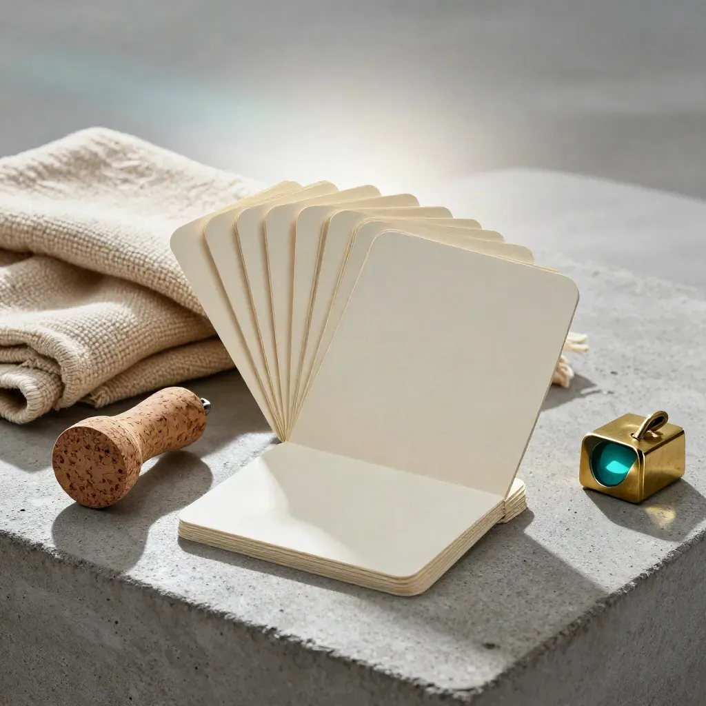 Posture cards, cork roller, blanket and brass weight on cool concrete with dramatic light