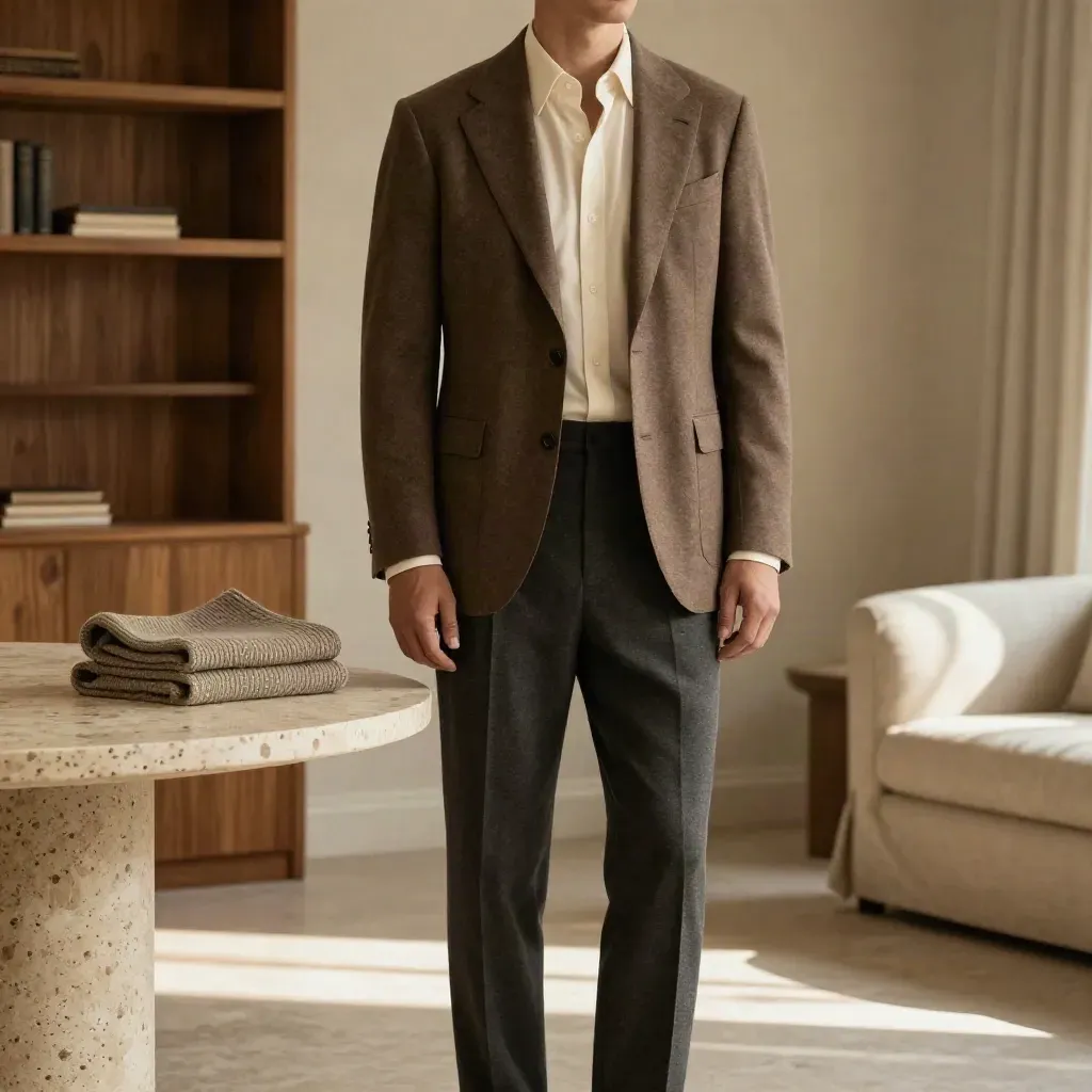 Tall clothing styled on a travertine edge in a sunlit neutral interior with open floor space