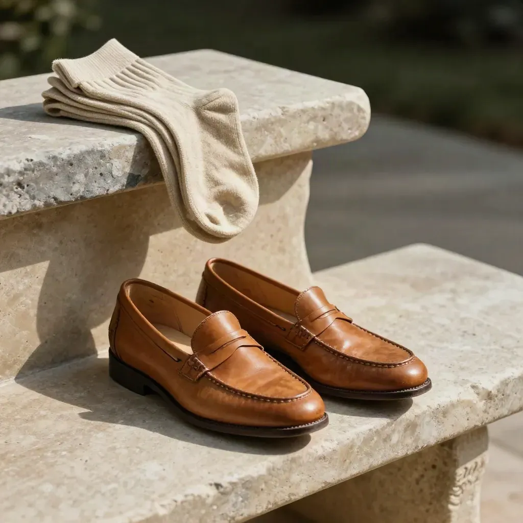 Sunlit limestone bench with tan loafers, cedar shoe tree, and folded socks in a calm neutral frame.