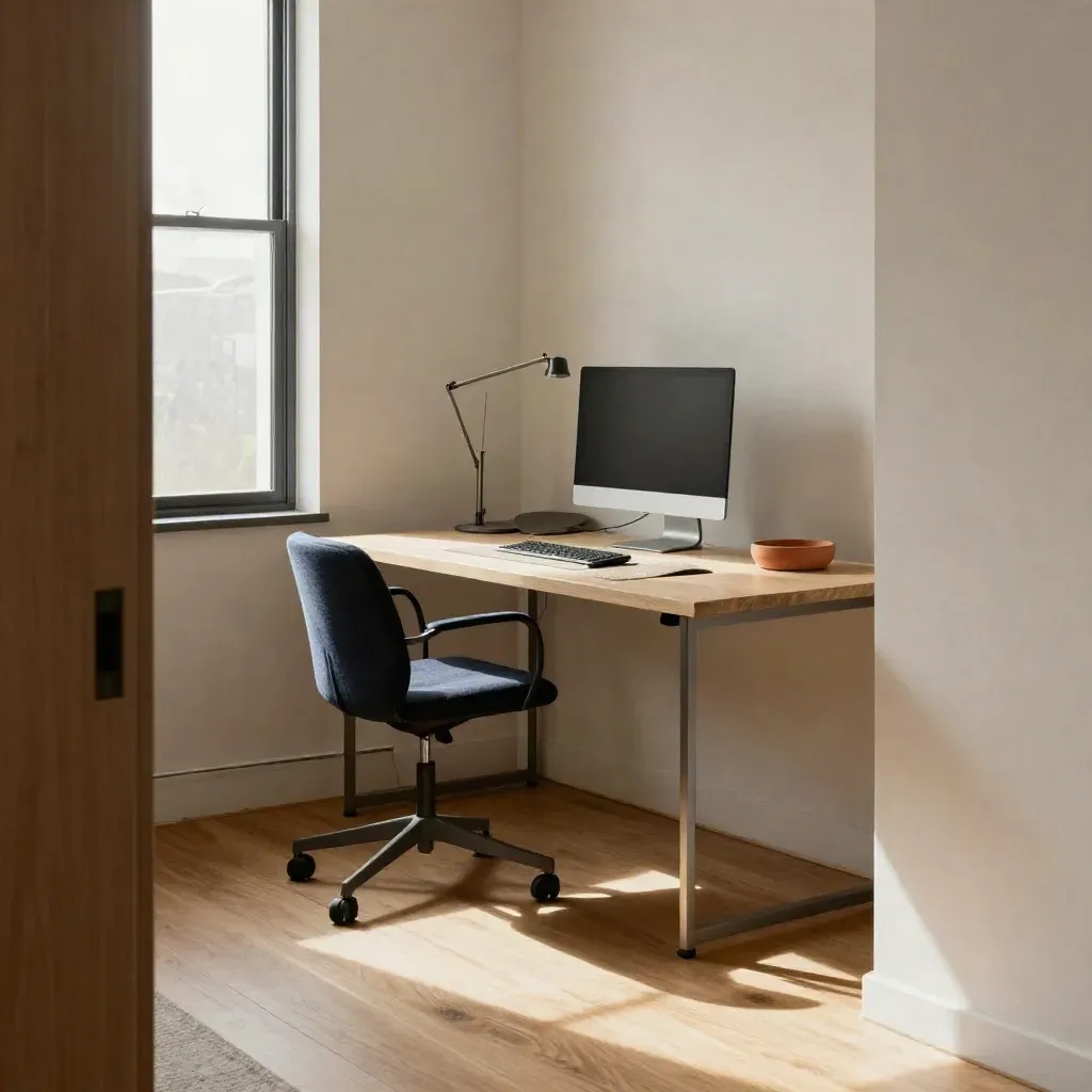 Sunlit minimal home office corner with tall desk, ergonomic chair, and calm floor space.