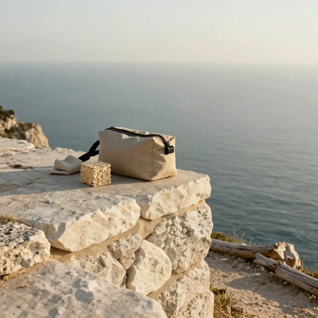 Golden coastal overlook with a stone ledge, packing cube, and open sea haze.