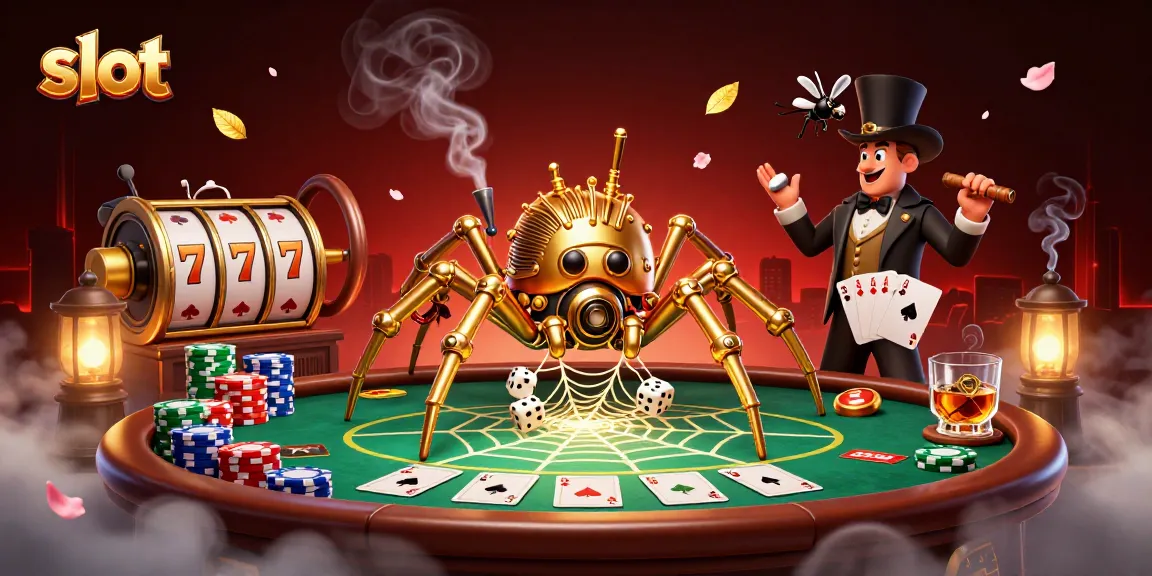 Spin the slot with a steampunk spider trapping dice in an intricate web of poker elements.