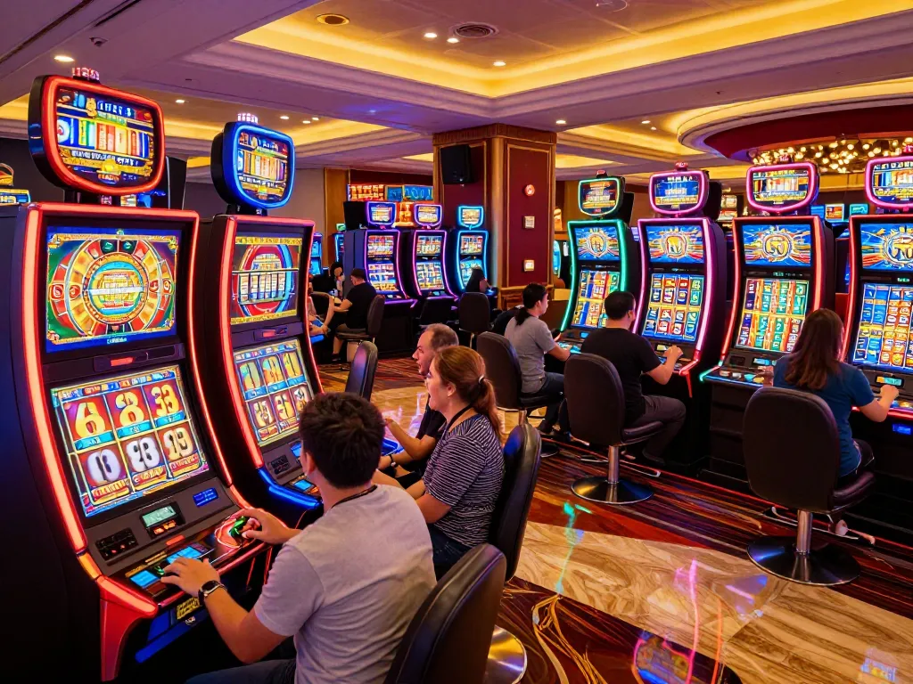 Players celebrating wins at slot machines in a vibrant casino atmosphere, showcasing excitement