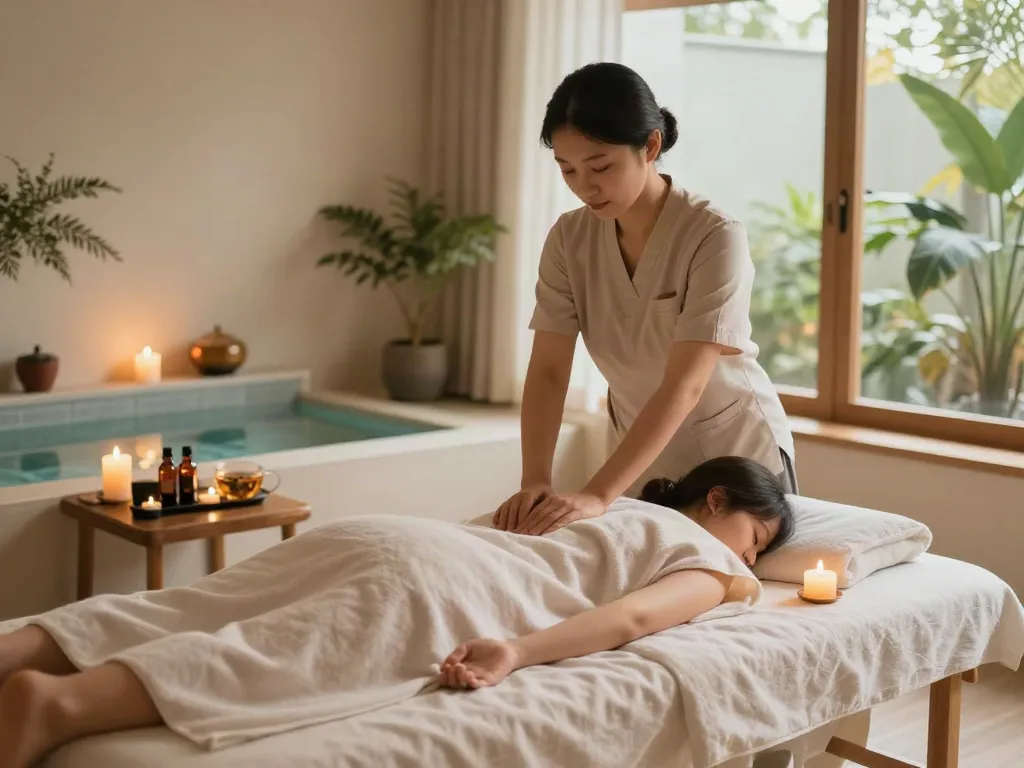 대화동출장마사지 session in a calming spa setting with candles and therapeutic oils.