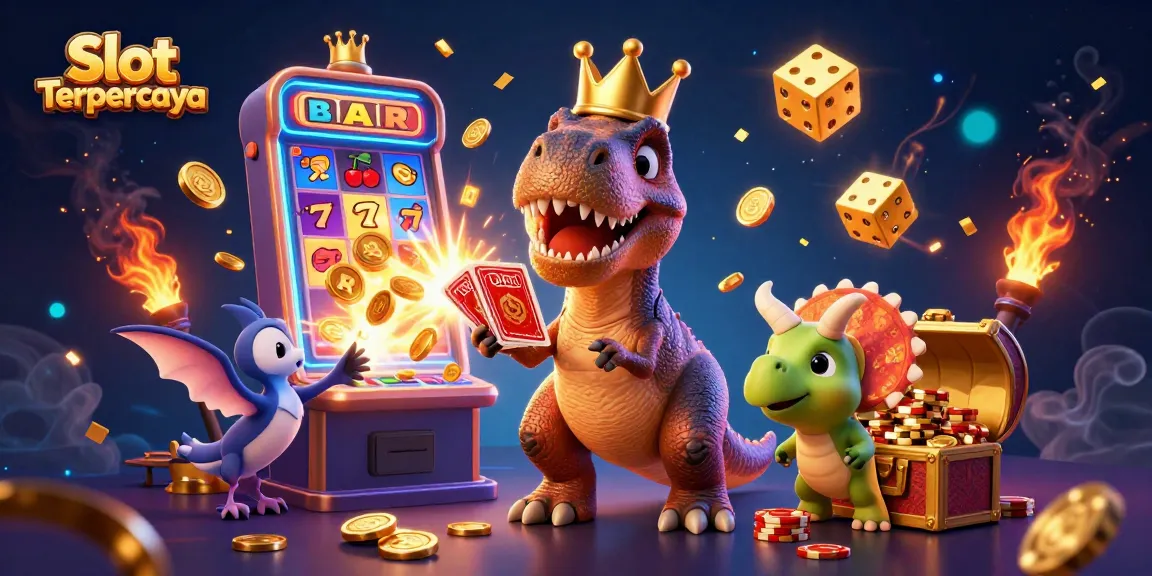 Engage with Slot Terpercaya in a vibrant 3D casino scene bursting with colorful jackpots and playful characters.