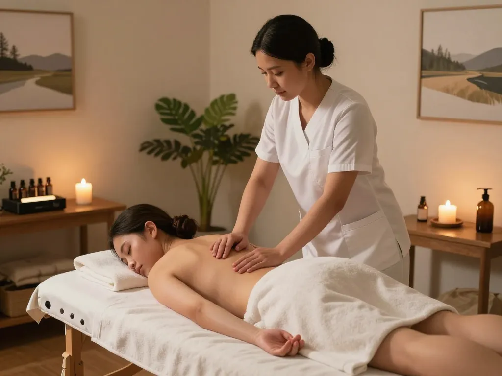 Relaxing .출장마사지 in a serene home environment with a skilled therapist providing soothing relief to a client.