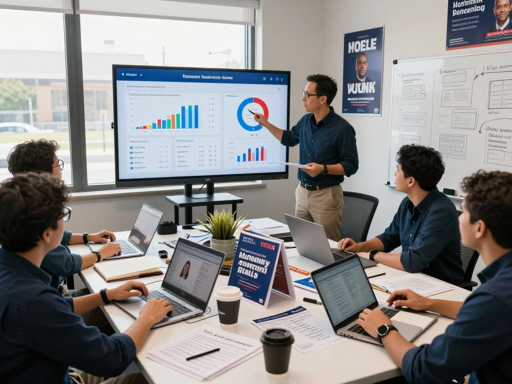 Strategist working in a campaign office using a political fundraising platform with detailed voter data and analytics.
