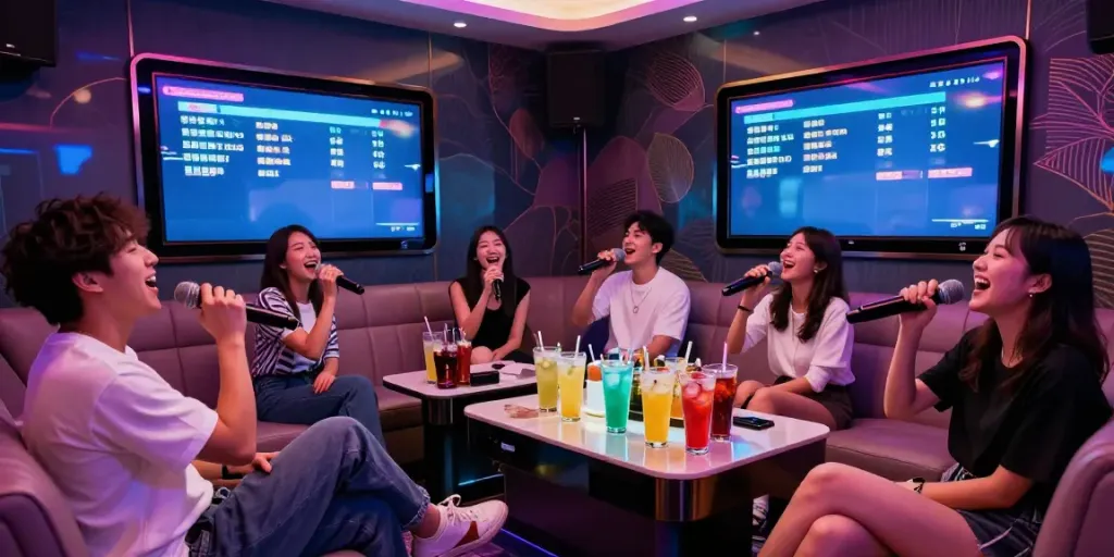 달토 노래방에서 친구들이 즐겁게 노래하는 모습과 화려한 조명이 어우러진 장면