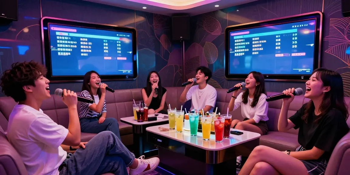 달토 노래방에서 친구들이 즐겁게 노래하는 모습과 화려한 조명이 어우러진 장면
