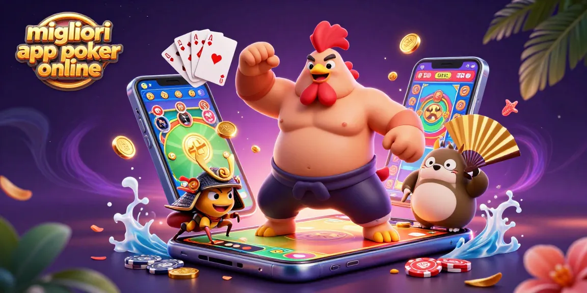 Migliori app poker online: un illustrativo 3D con i migliori personaggi e giochi di poker illuminati da monete d'oro e carte volanti.