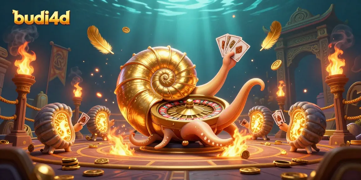 Budi4d's winning strategy displayed through an ancient nautilus roulette wheel and cards in a vibrant casino scene.