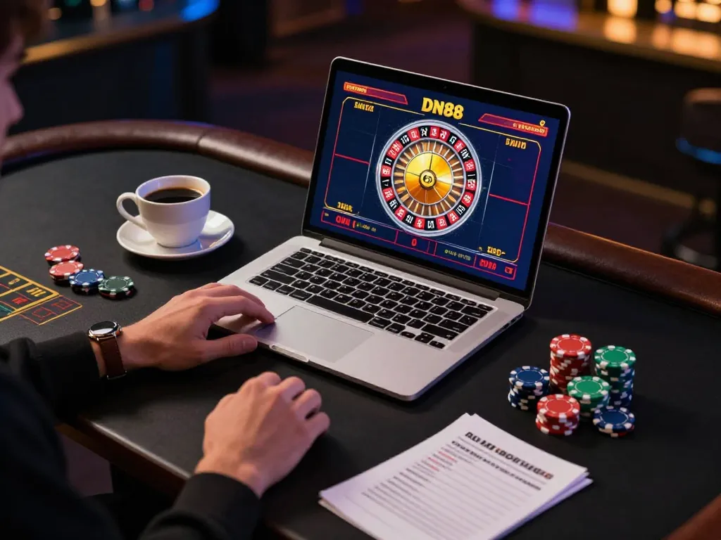 Engaging in DN88 online roulette with vibrant game interface on laptop, focused gaming atmosphere.