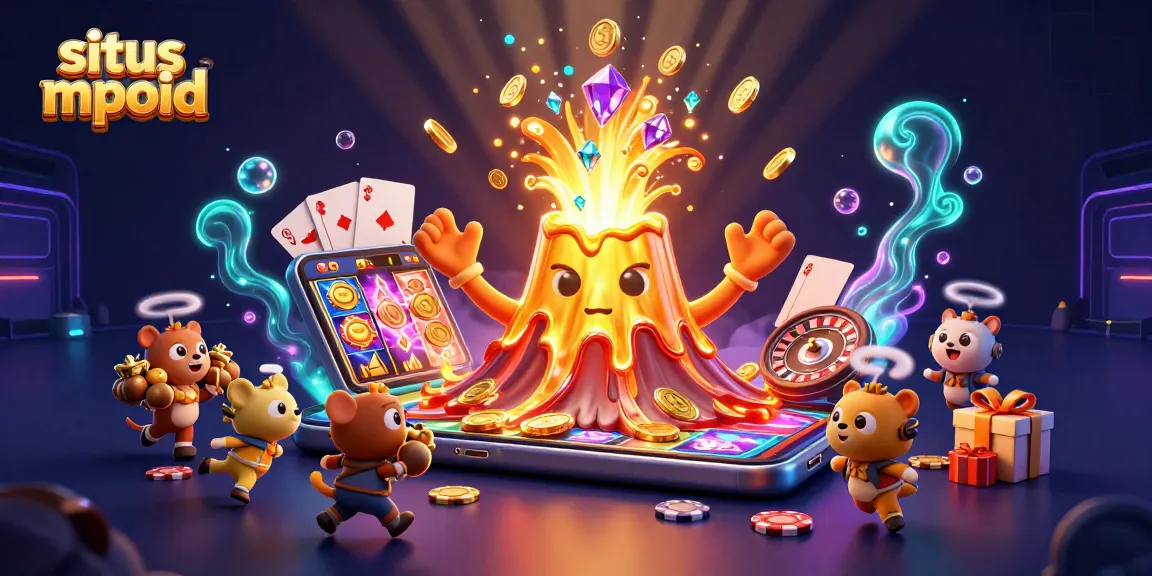 Engage with the vibrant situs mpoid scene of a golden volcano erupting coins, slot games, and treasure.