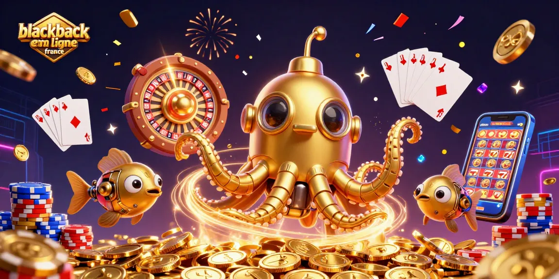 Jouez au blackjack en ligne France avec un kraken doré et des pièces en cascade.