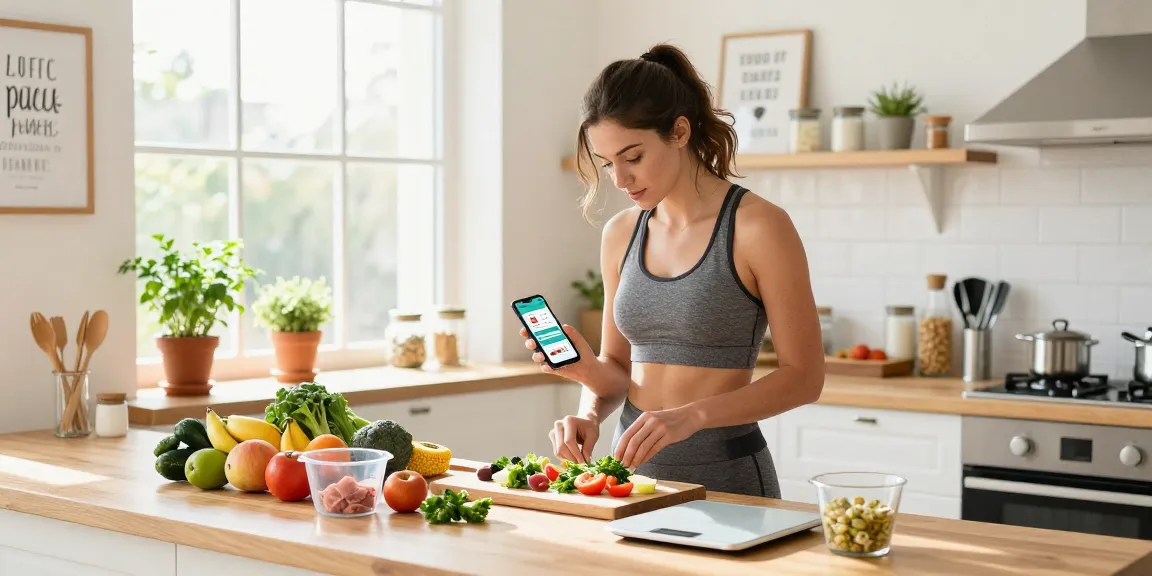 Using the best macro tracker app to prepare a healthy meal in a bright kitchen.