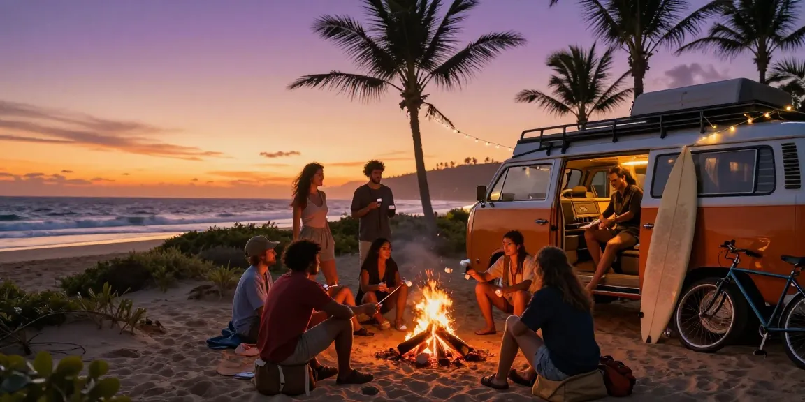 Group enjoying van life at sunset by the beach with rokok88 vibes.