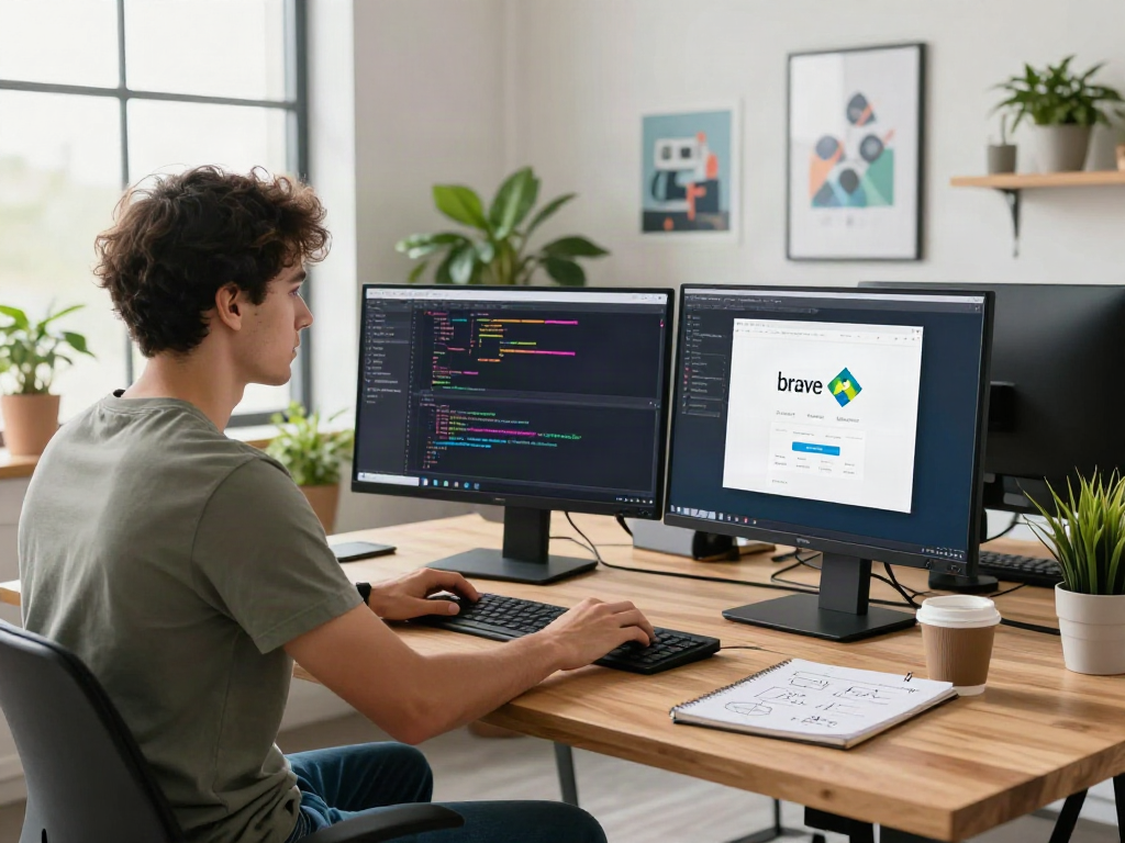 Developer coding on a desktop with brave浏览器 visible on screen, showcasing a modern tech workspace.