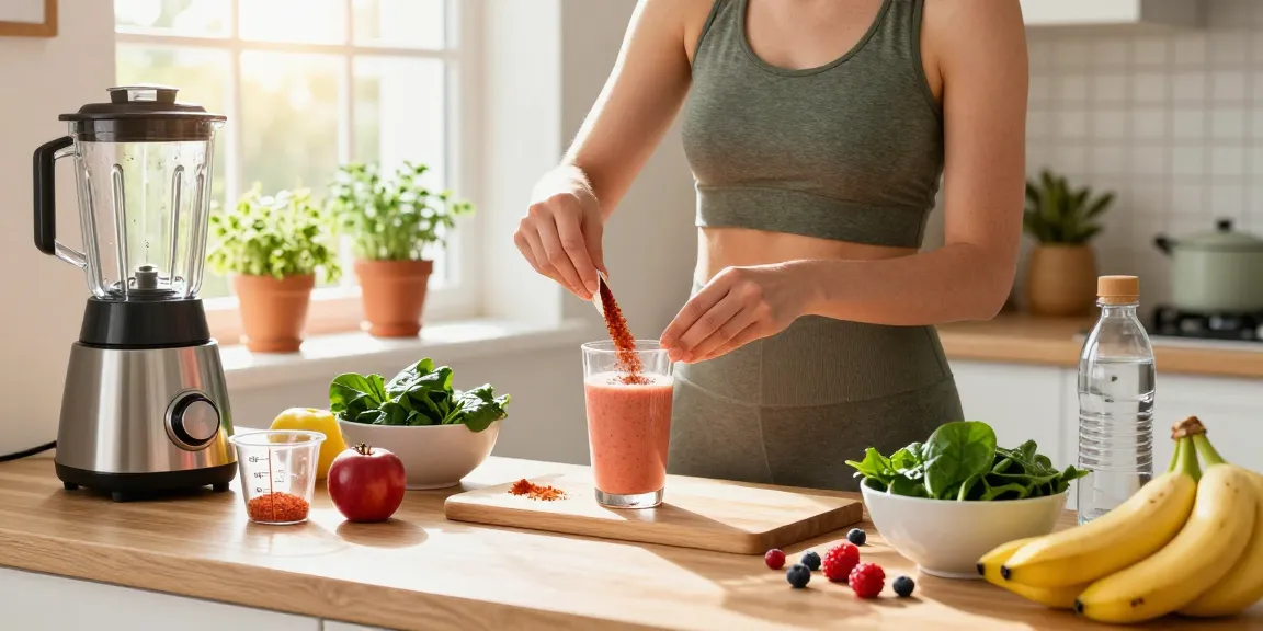 Astaxanthin powder being measured into a smoothie amidst fresh fruits and greens, showcasing healthy living.