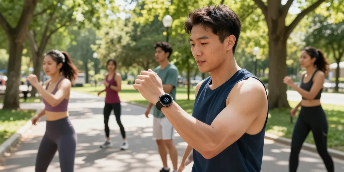 Pengguna smartwatch https://www.polarfitbitshop.com/fitbit-luxe/ berolahraga di taman, menekankan gaya hidup sehat dan aktif.