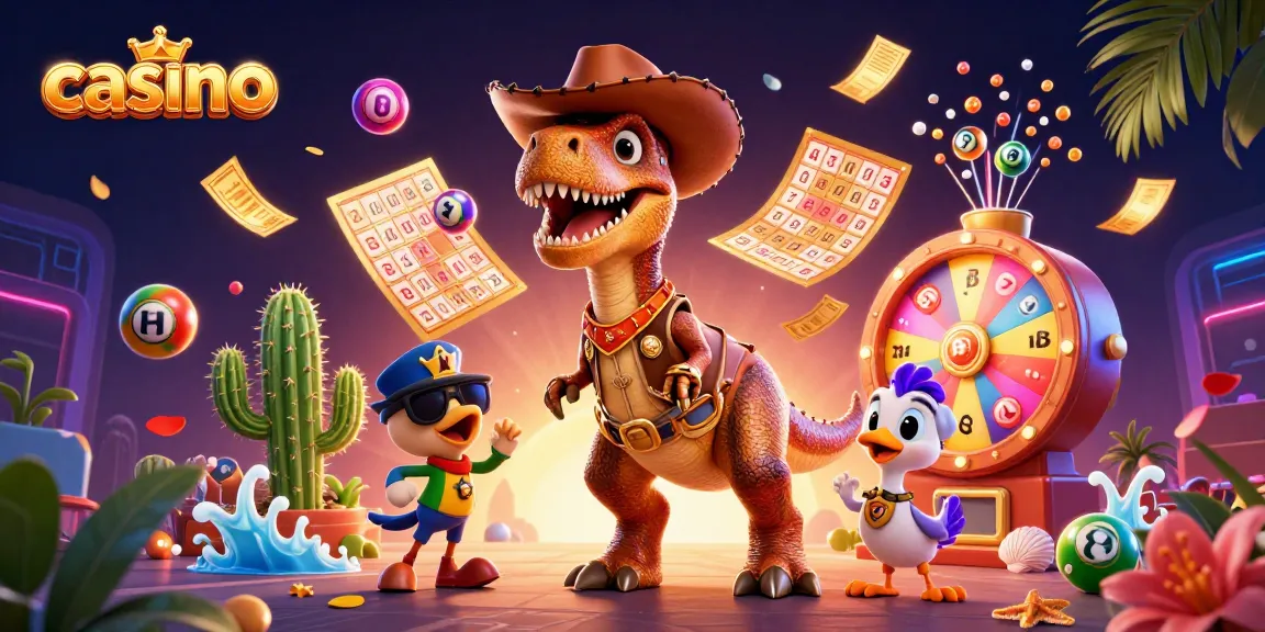 Engaging casino scene with a cartoon T-Rex and vibrant lottery elements, showcasing excitement and fun.