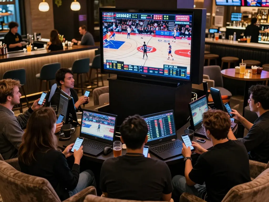 Engaged bettors analyzing mm88 betting odds in a vibrant sportsbook lounge during live sports.