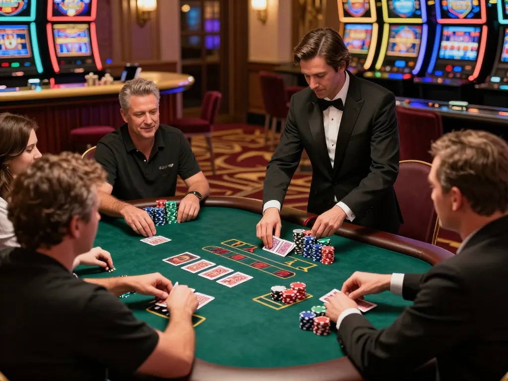 vin88a players enjoying blackjack at an upscale casino table, bets placed with excitement.