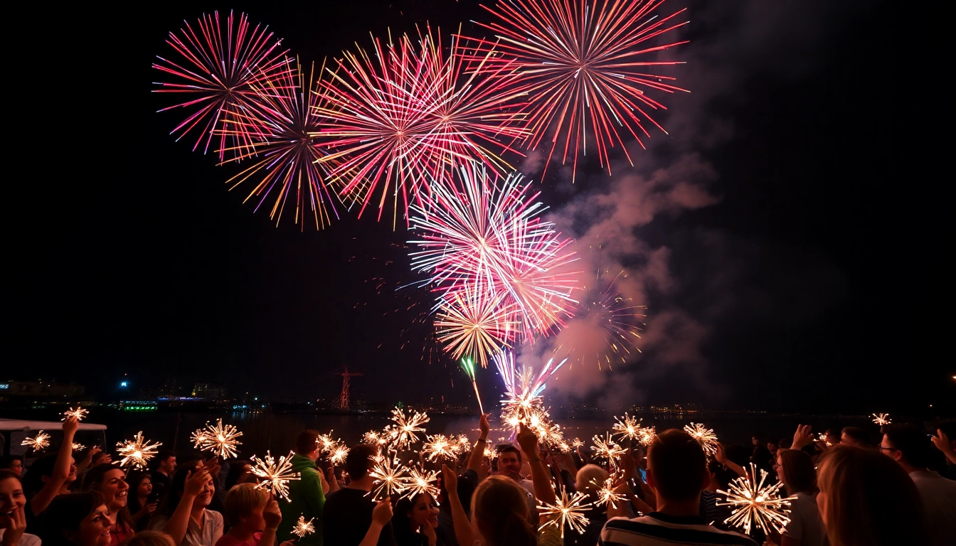 Buy fireworks Manchester with a stunning night display of colorful fireworks and joyful families celebrating.
