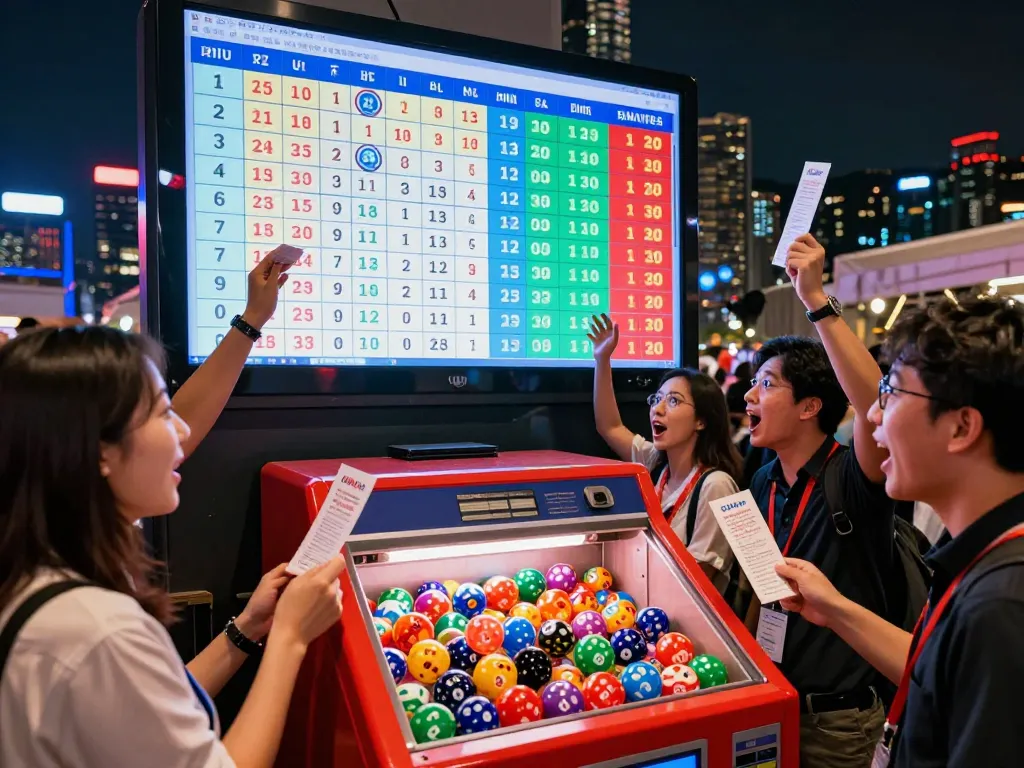 Exciting scene of Hongkong Lotto live draw with enthusiastic bettors and colorful lottery balls.