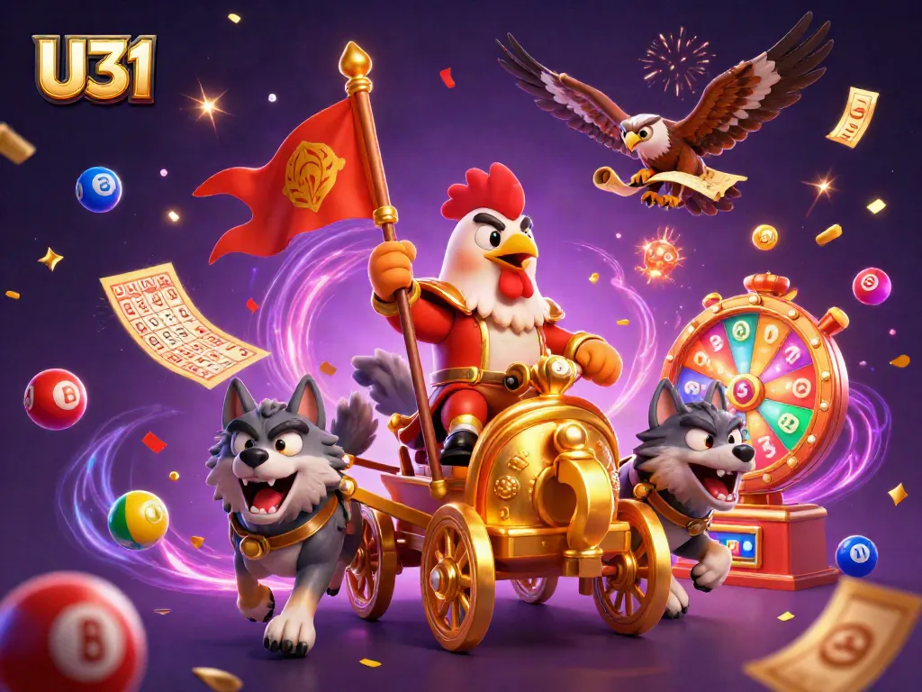 Experience exciting U31 online gaming action with a dynamic illustration of a rooster warlord and vibrant casino elements.