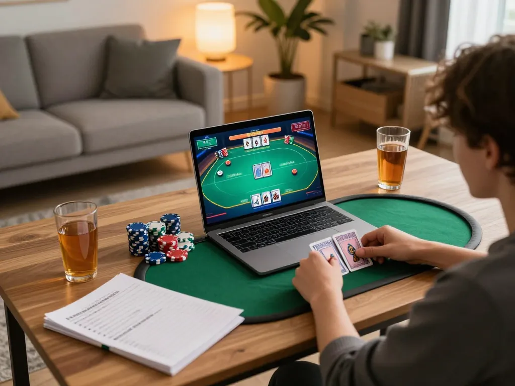 Player enjoying a strategic online poker game through lclc88 on a laptop, with chips and cards visible.