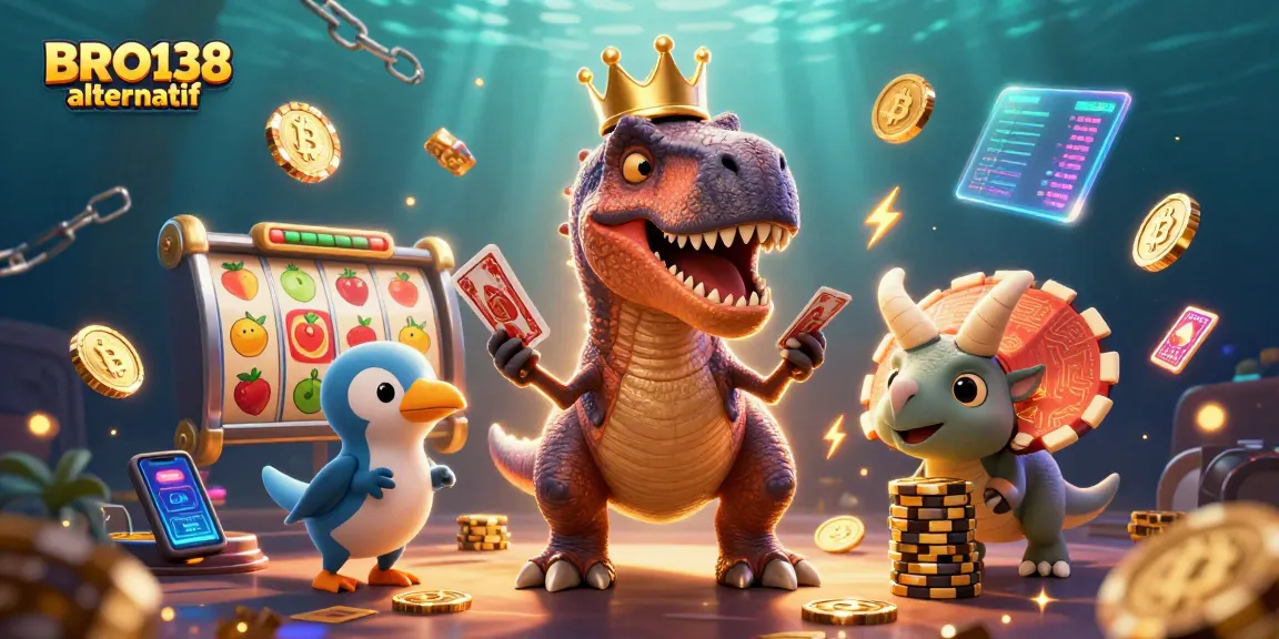 Engage in thrilling slots action with BRO138 alternatif as a T-Rex shuffles cards and a triceratops stacks chips.