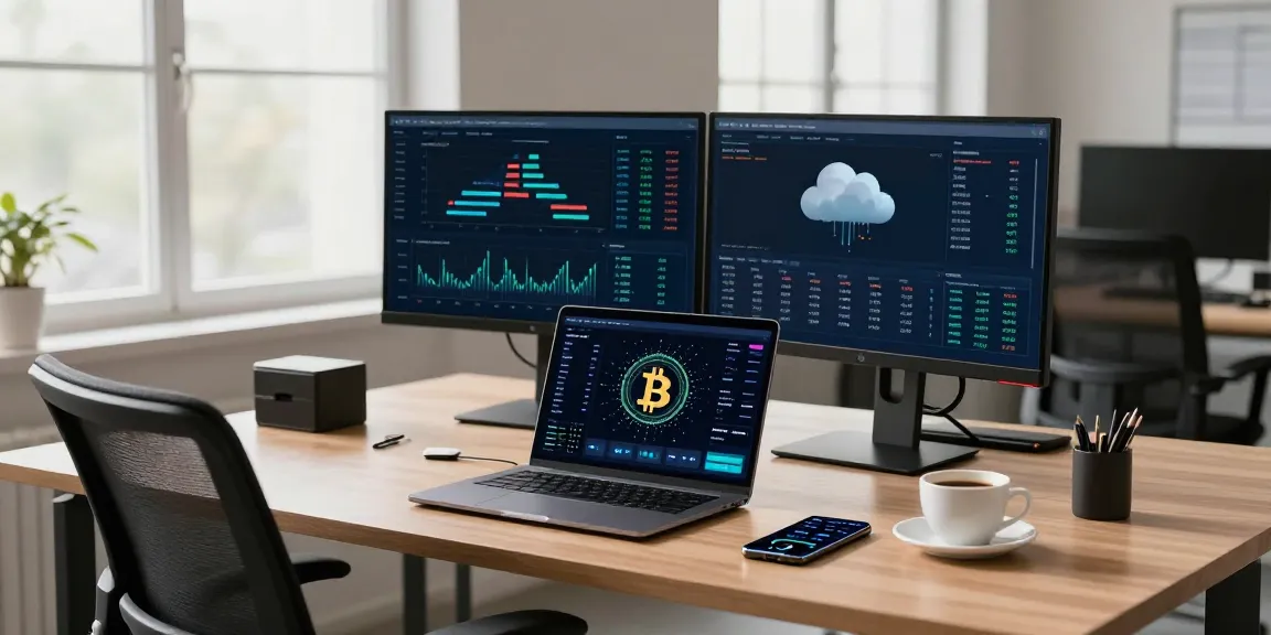 Start cloud mining today from a modern cryptocurrency trading workspace with live mining statistics on multiple monitors.