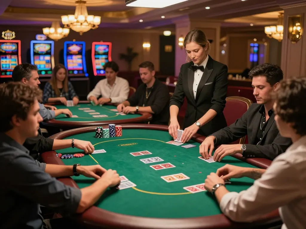 Mini-game action at a vibrant poker table in a luxurious casino, players engaged in strategic gameplay.