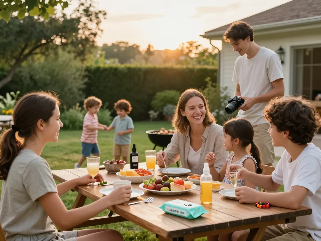Family enjoying a barbecue while using the best mosquito repellent products to ensure a bug-free outdoor experience.