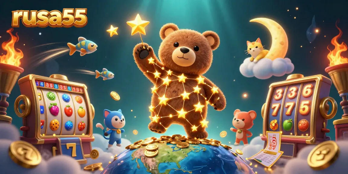 Experience the thrill of winning with rusa55's dynamic jackpot slot games featuring a charming cosmic bear.
