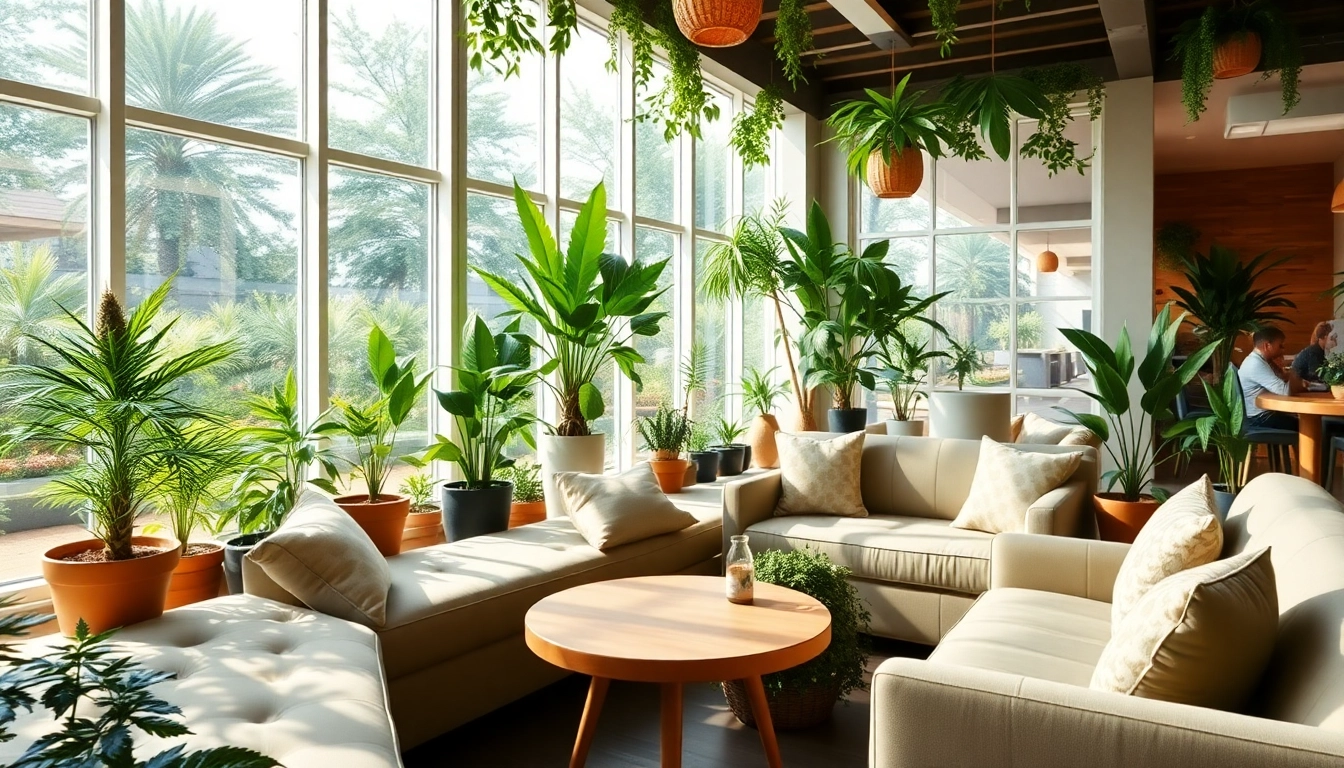 Engaging scene from Lloret de Mar Cannabis Club featuring vibrant seating and greenery.