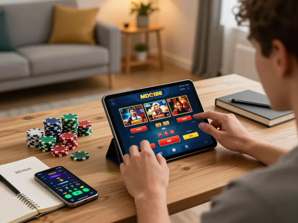 Engaged player enjoying various games on mdg188's casino app in a stylish home setup.